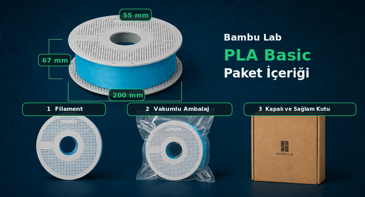 Bambu Lab PLA Basic makara, vakumlu ambalaj ve koruyucu kutu